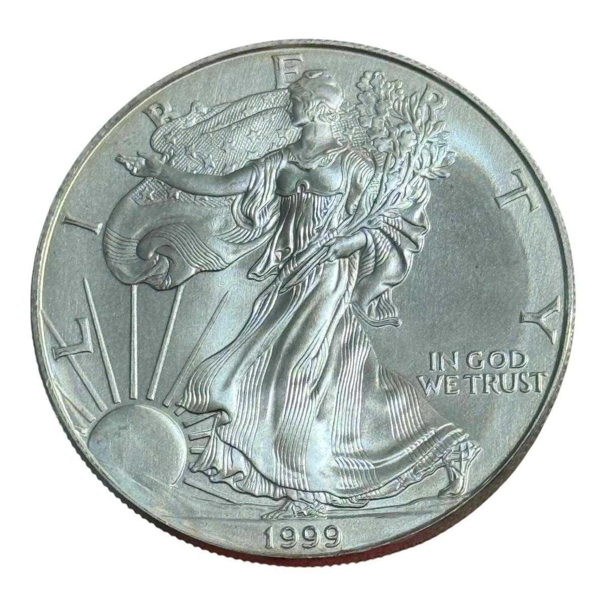 1999 US Silver Eagle Dollar Coin, .999 Fine Silver