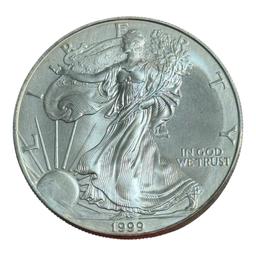 1999 US Silver Eagle Dollar Coin, .999 Fine Silver