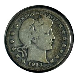 1913 US Barber Quarter Dollar, 90% Silver