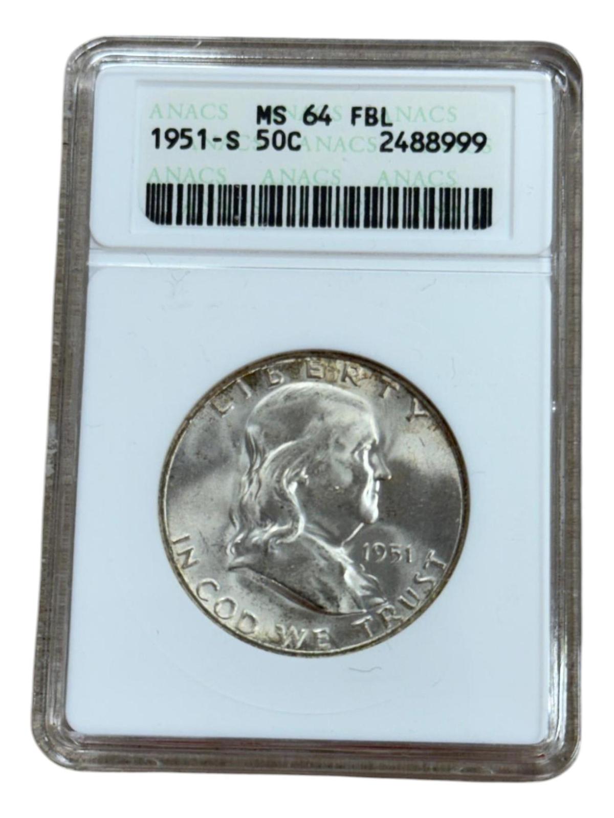 1951-S Franklin Half Dollar in MS64FBL ANACS soapbox holder