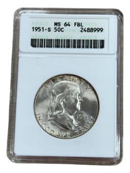 1951-S Franklin Half Dollar in MS64FBL ANACS soapbox holder