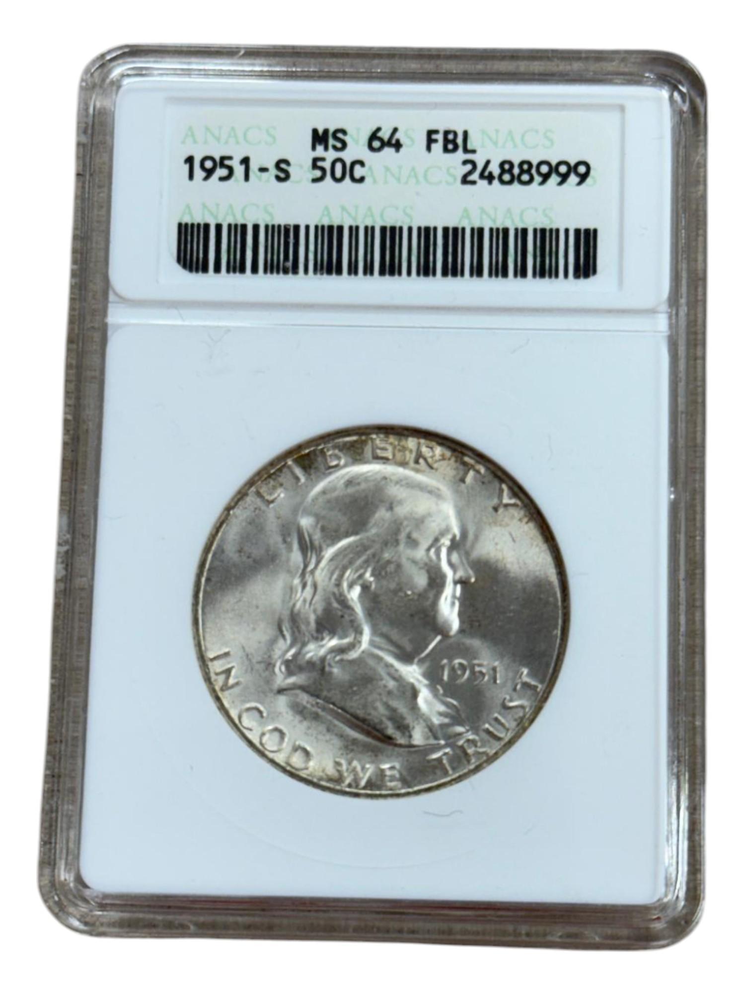 1951-S Franklin Half Dollar in MS64FBL ANACS soapbox holder