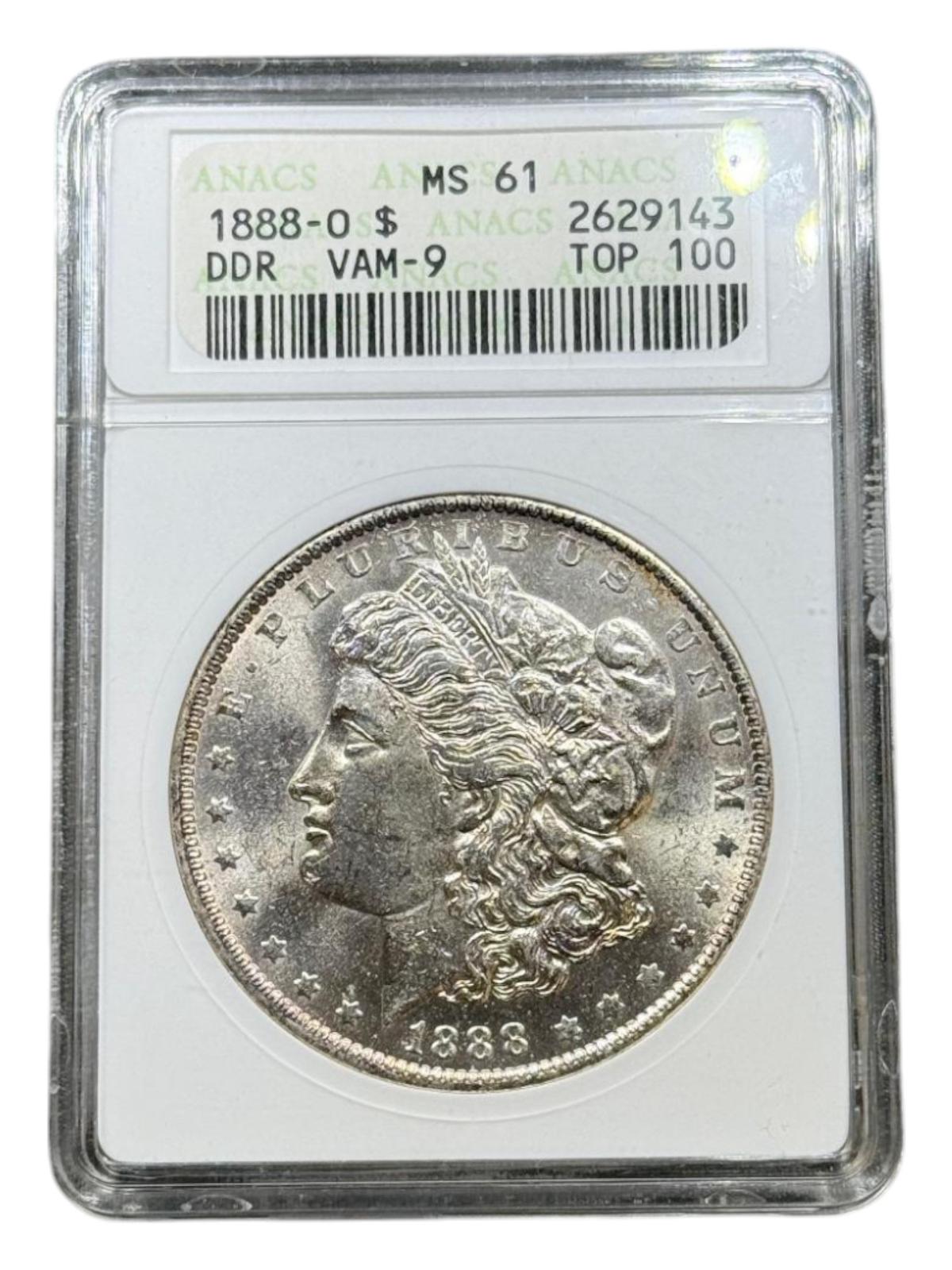 1888-O Morgan Silver Dollar in MS61 ANACS Soapbox Holder, DDR VAM 9 Top 100