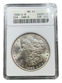 1888-O Morgan Silver Dollar in MS61 ANACS Soapbox Holder, DDR VAM 9 Top 100