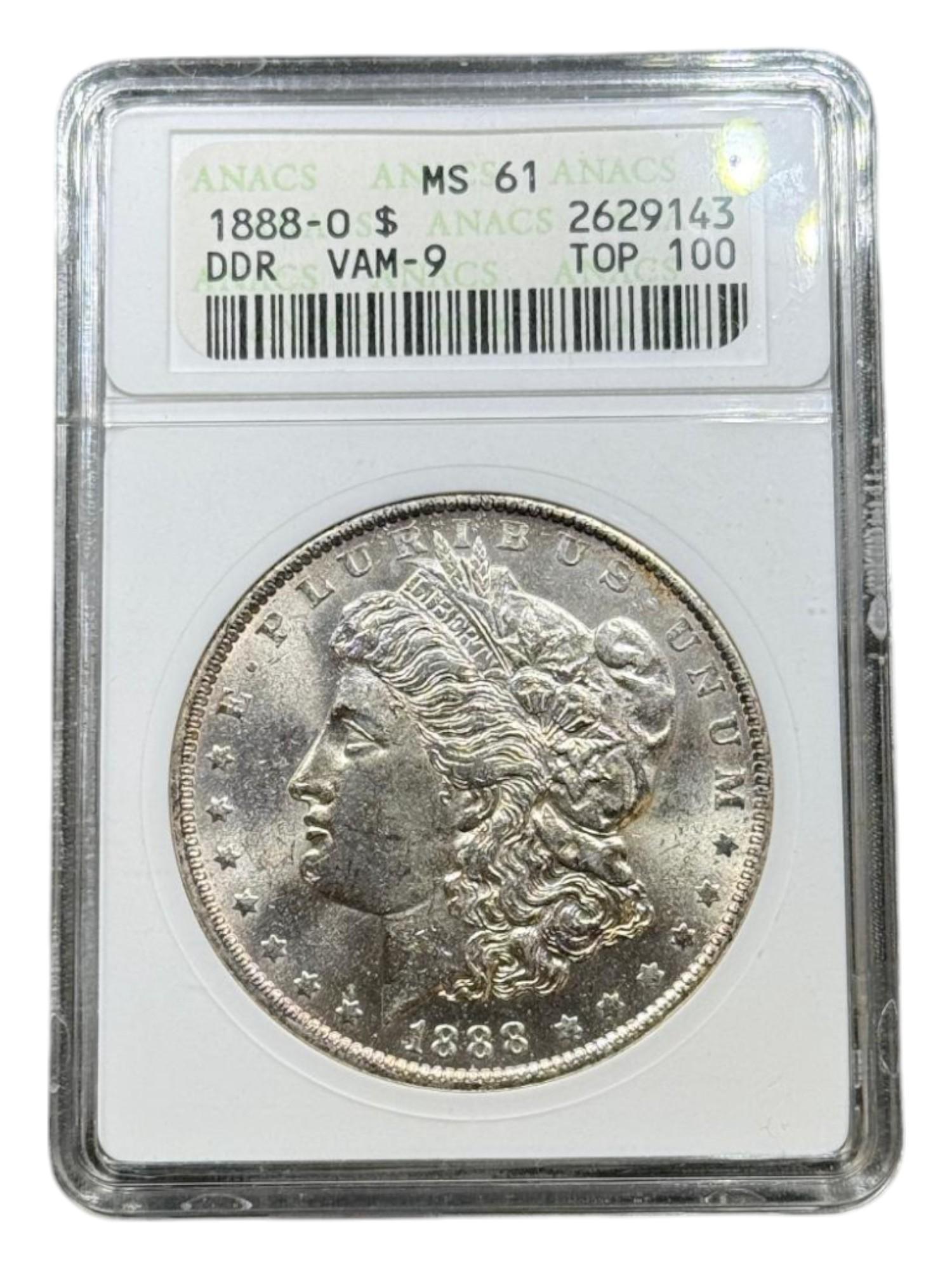 1888-O Morgan Silver Dollar in MS61 ANACS Soapbox Holder, DDR VAM 9 Top 100