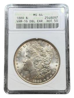 1889 Morgan Silver Dollar in MS64 ANACS Soapbox Holder, VAM 16 Double Ear, HOT 50
