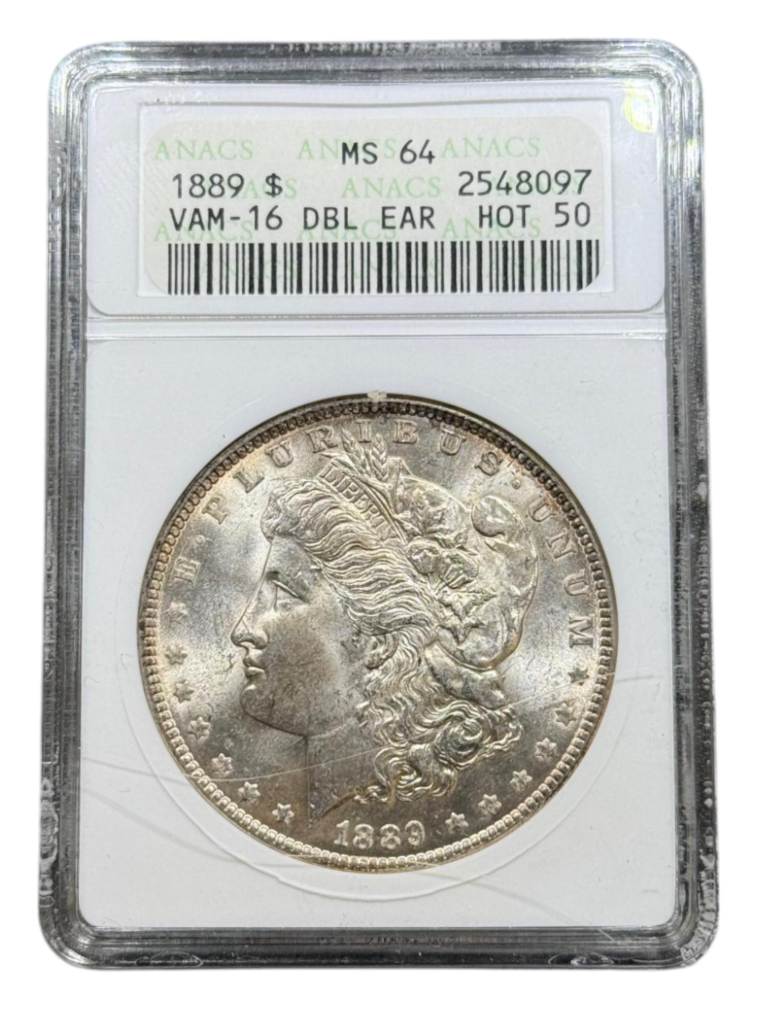 1889 Morgan Silver Dollar in MS64 ANACS Soapbox Holder, VAM 16 Double Ear, HOT 50