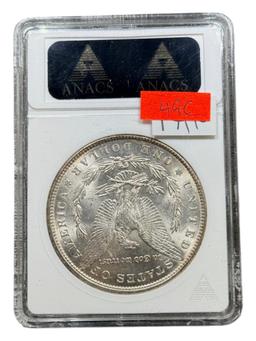 1889 Morgan Silver Dollar in MS64 ANACS Soapbox Holder, VAM 16 Double Ear, HOT 50