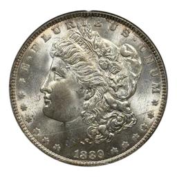 1889 Morgan Silver Dollar in MS64 ANACS Soapbox Holder, VAM 16 Double Ear, HOT 50
