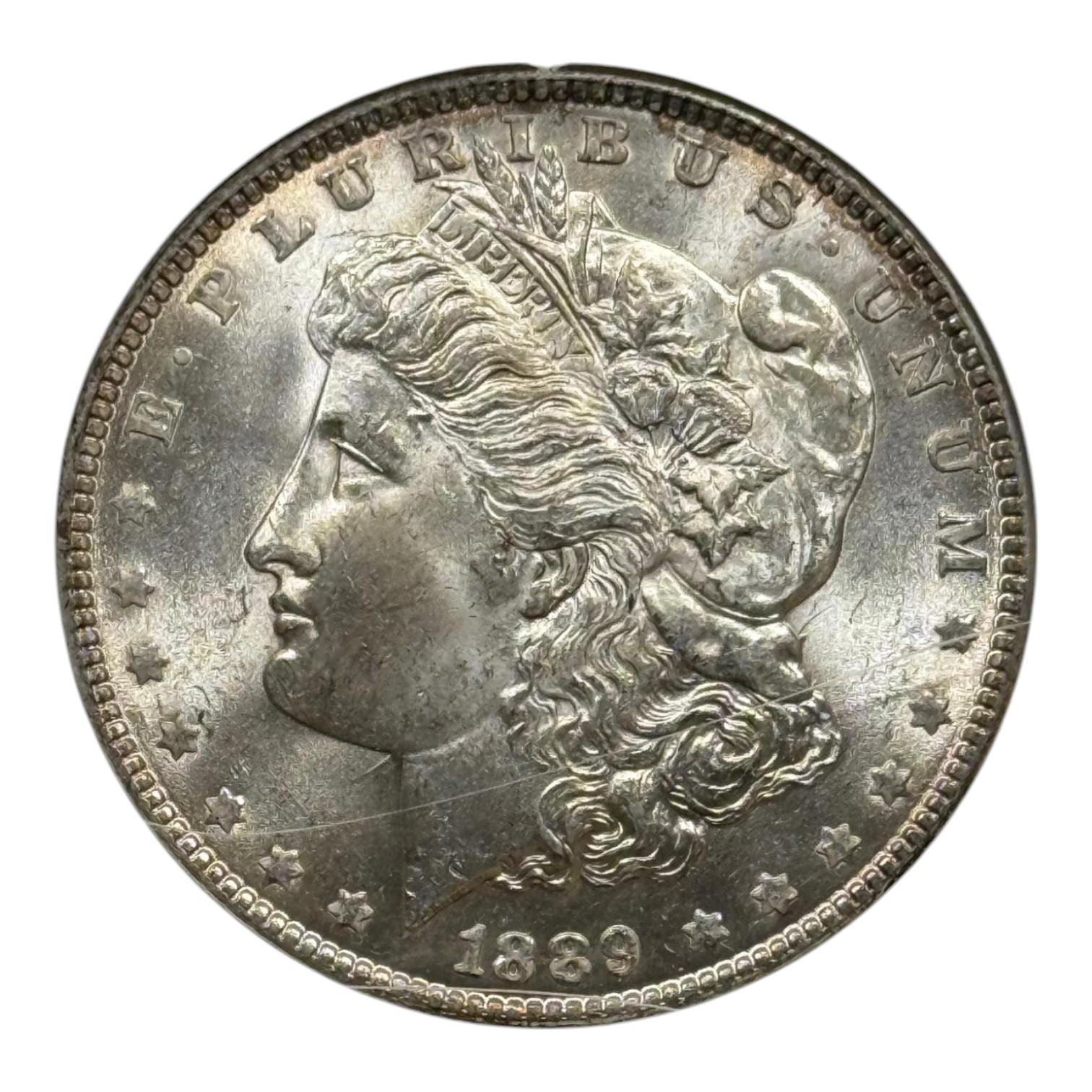 1889 Morgan Silver Dollar in MS64 ANACS Soapbox Holder, VAM 16 Double Ear, HOT 50