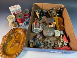 Flat of asst. collectibles, knick knacks, banks, figurines and more, ashtray is chipped