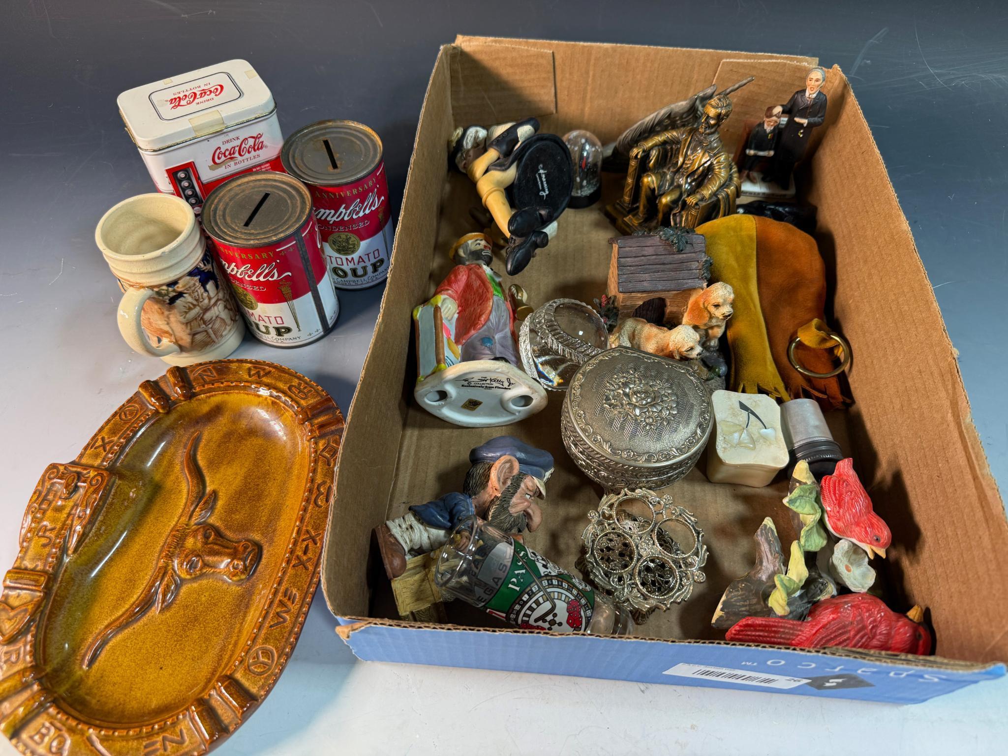Flat of asst. collectibles, knick knacks, banks, figurines and more, ashtray is chipped