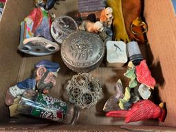 Flat of asst. collectibles, knick knacks, banks, figurines and more, ashtray is chipped