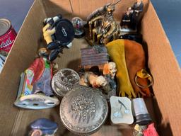 Flat of asst. collectibles, knick knacks, banks, figurines and more, ashtray is chipped