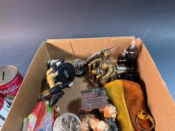 Flat of asst. collectibles, knick knacks, banks, figurines and more, ashtray is chipped