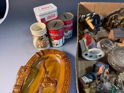 Flat of asst. collectibles, knick knacks, banks, figurines and more, ashtray is chipped