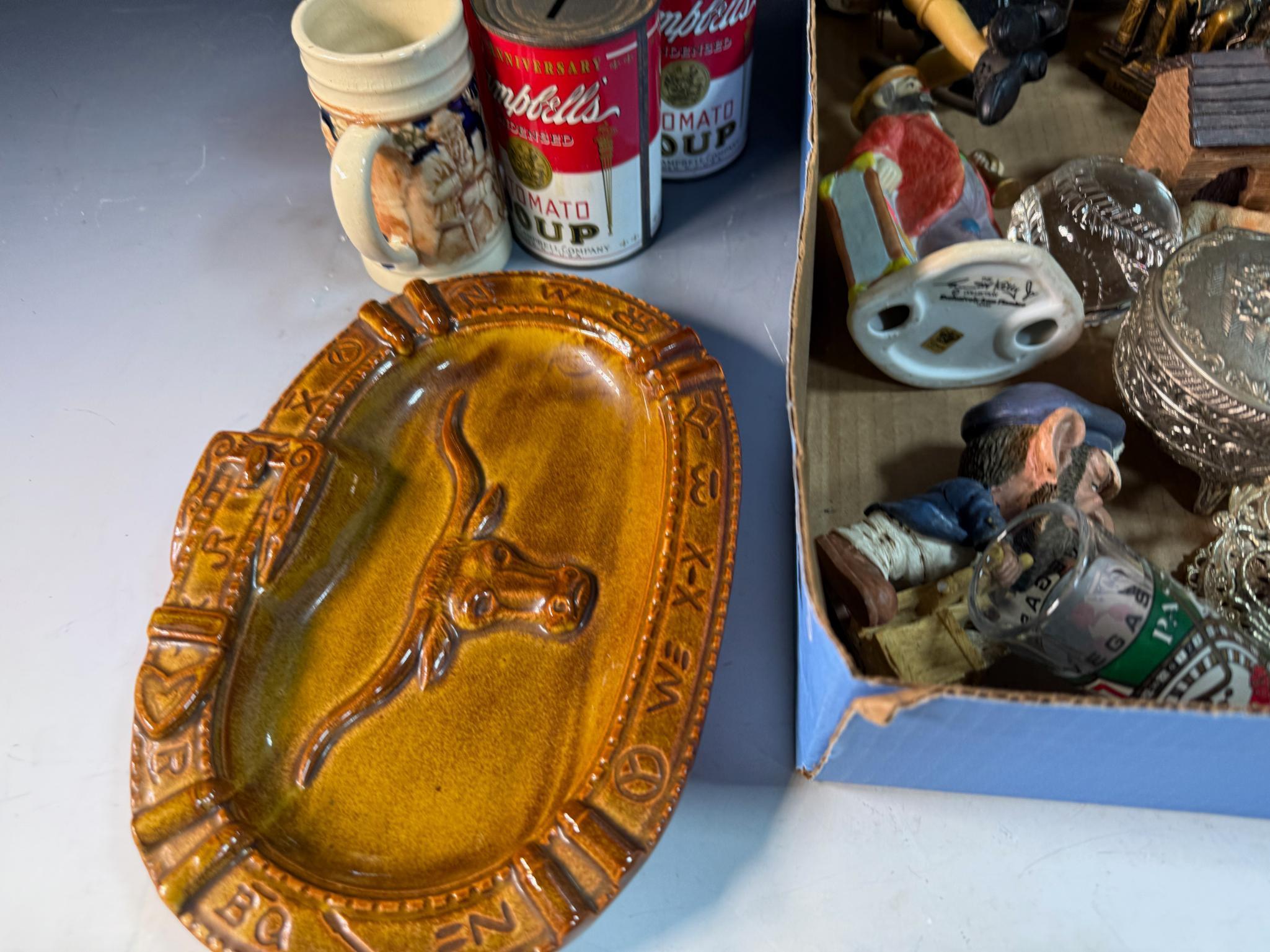 Flat of asst. collectibles, knick knacks, banks, figurines and more, ashtray is chipped