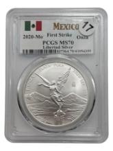 2020 Mexico Libertad Silver Coin, PCGS MS70, First Strike