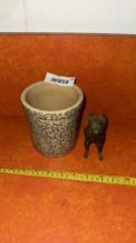 RRP Pottery Crock with Cast Iron Dog Figurine, Blue/Beige, USA