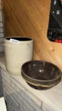 3 Gallon Beige Stoneware Crock with Blue Numbering and stoneware bowl