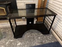 Glass Top Computer Desk with Storage Shelf, Black, Metal Frame, top is loose, on casters, 50" wide