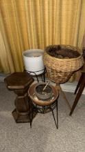4- Traditional Wood and Metal Plant Stands with Basket and Pots