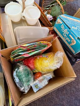 Assorted House wares, Kitchen wares holiday, some Tupperware - large lot