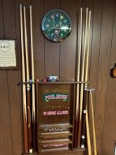 Pool Cues, Rack, accessories, and clock