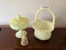 Fenton 3 PC lot all chip free including basket w/ applied handle, candy dish and bell