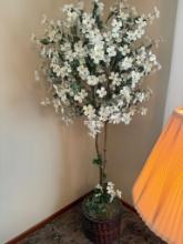 Artificial Flowering Tree with White Blossoms and Rattan-Style Pot, approx 6.5 foot tall