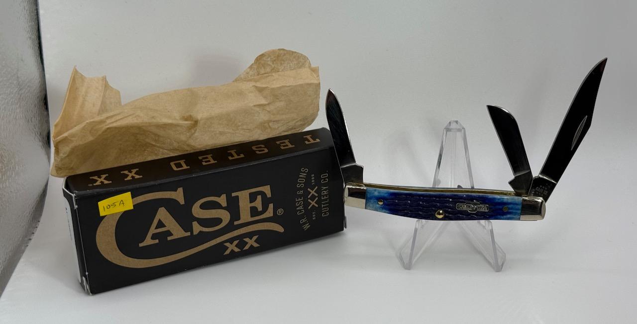 Case XX 6344 SS Pocket Knife, 3 Blades, Jigged Blue Bone Handle, NIB