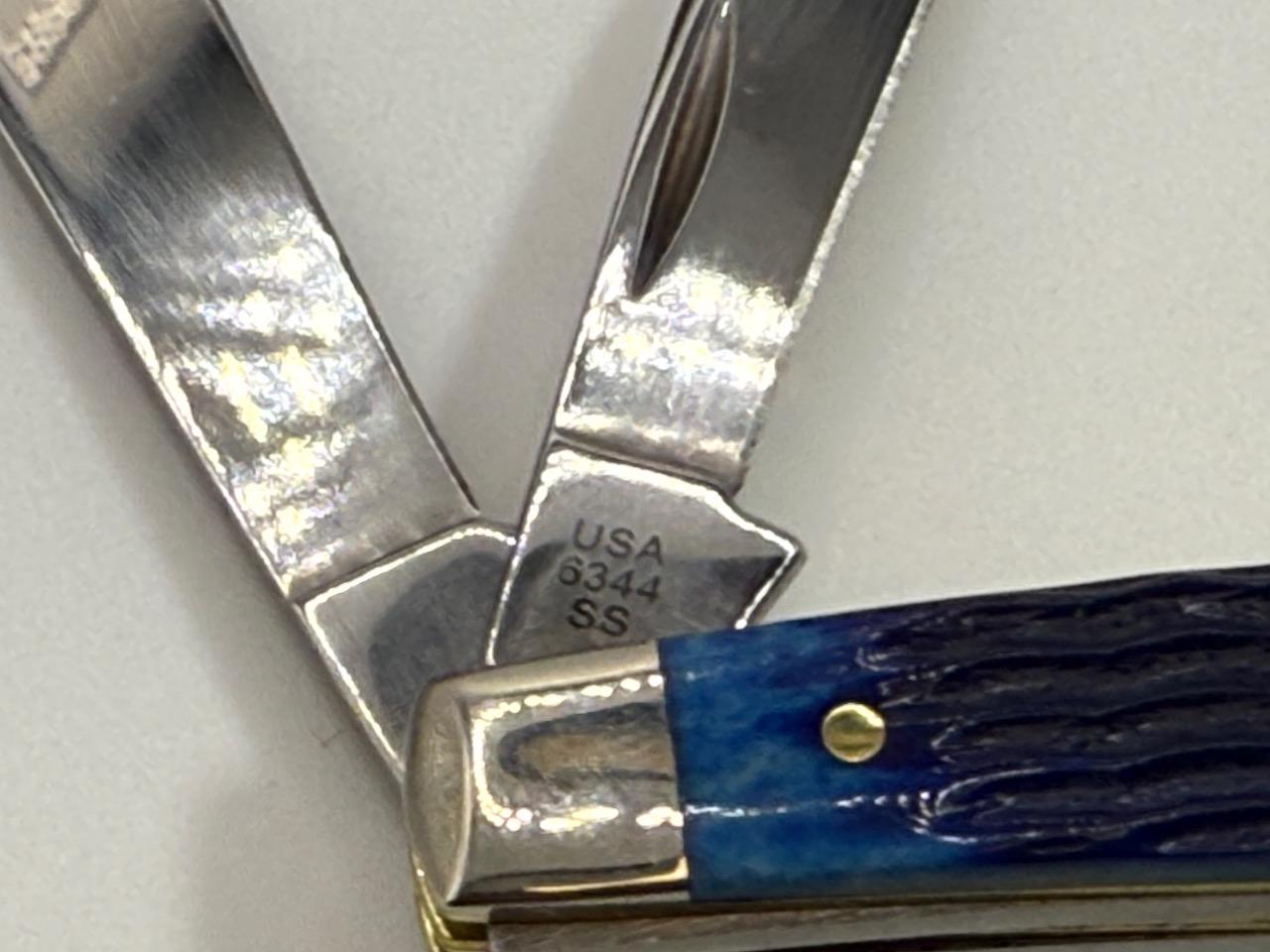 Case XX 6344 SS Pocket Knife, 3 Blades, Jigged Blue Bone Handle, NIB