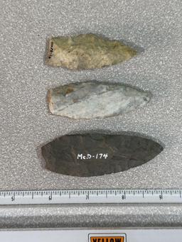 Arrowheads and Artifacts Paleo Lances 3 total Seneca and Sandusky Co OH largest 3 1/4"