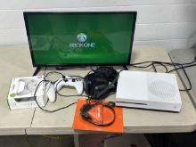 TV NOT INCLUDED- Xbox One S Console, Two Controllers, Headset, powers on and has been wiped