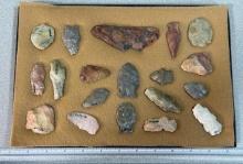 Arrowheads and Artifacts frame containing 19 artifacts largest 3 3/4" Kansas Nice collection
