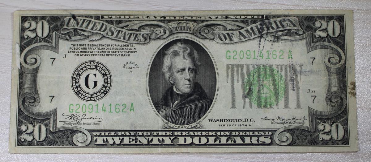 1934 US $20 Light Green Seal Banknote