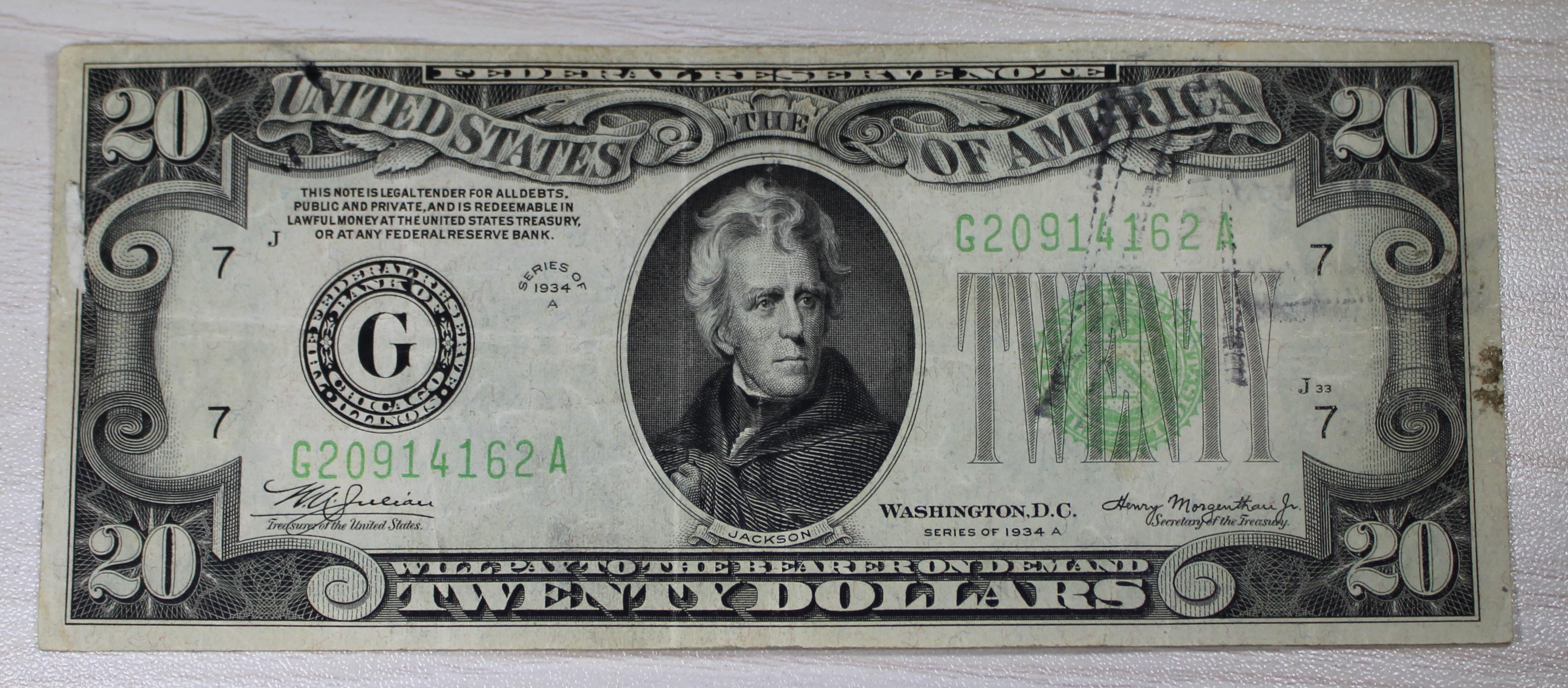 1934 US $20 Light Green Seal Banknote