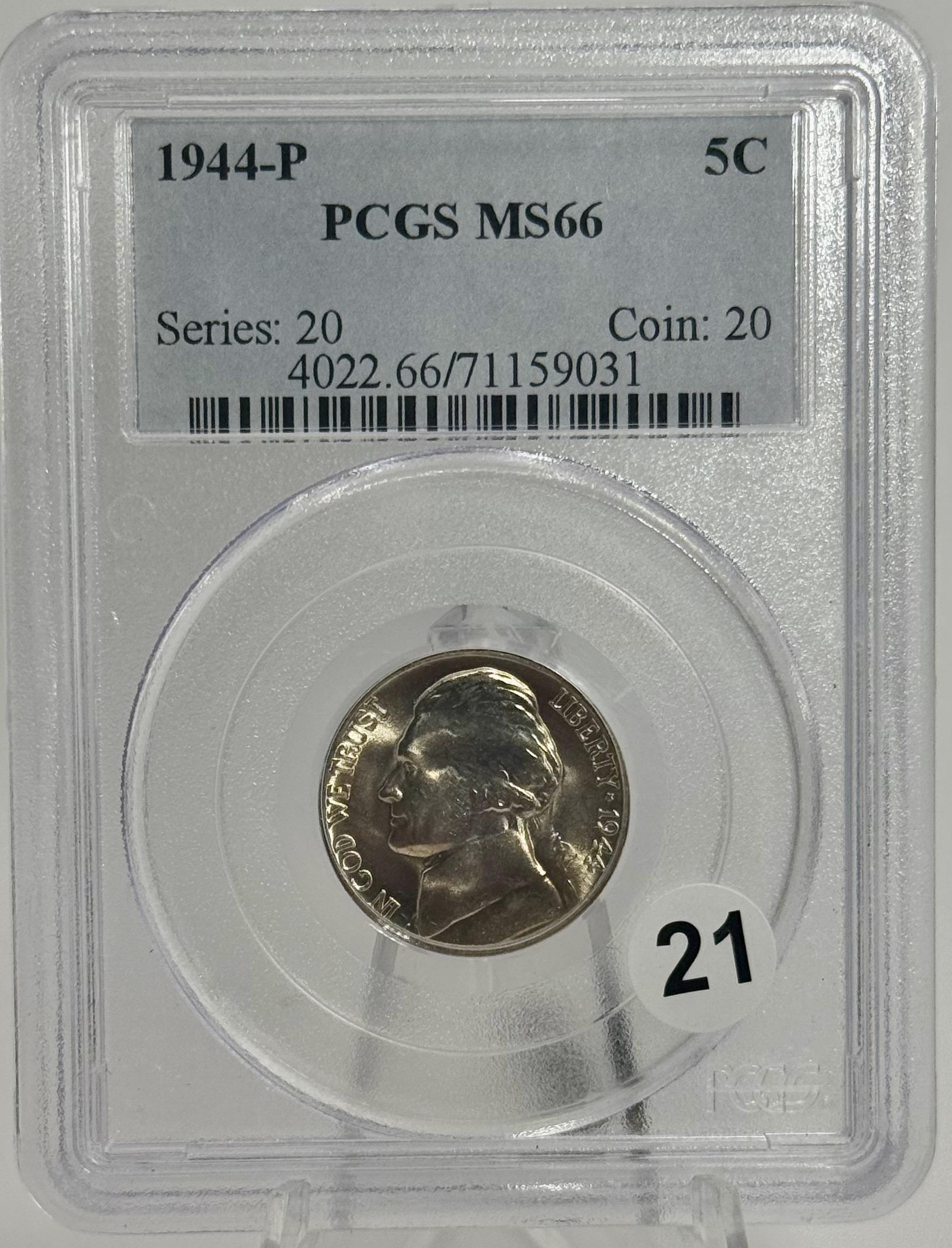 1944-P WAR 35% SILVER Jefferson Nickel in PCGS MS66 Holder