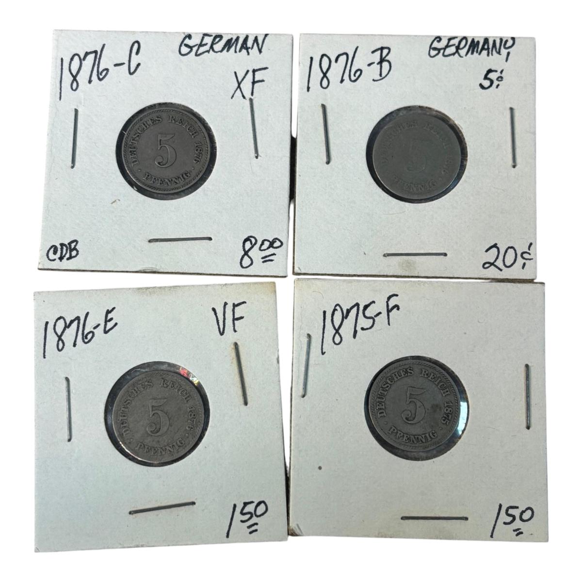 1876/1875 German 5 Pfennig Coins, Mint Marks: C, B, E, F