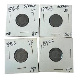 1876/1875 German 5 Pfennig Coins, Mint Marks: C, B, E, F