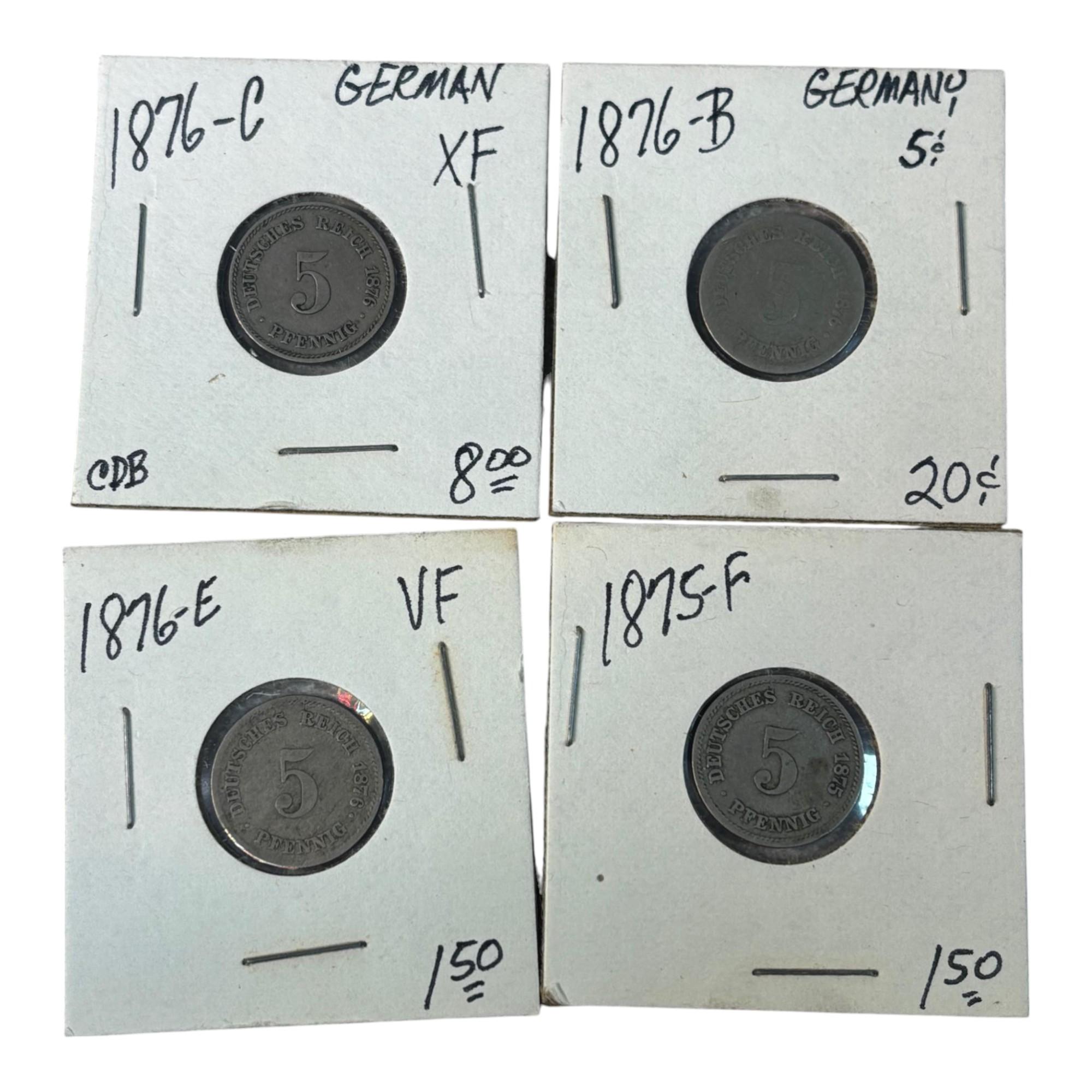 1876/1875 German 5 Pfennig Coins, Mint Marks: C, B, E, F