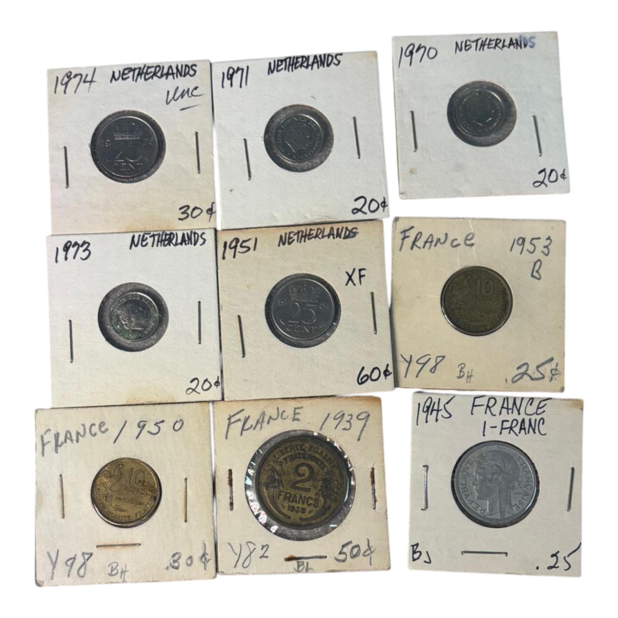 Collection of Netherlands and France Coins, Various Years and Denominations