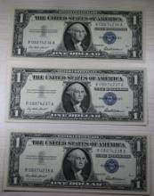 3- 1957 Blue Seal Silver Certificates, UNC, w/ sequential serial numbers, sells times the money