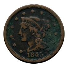 1845 Braided Hair Large Cent, United States Mint, One Cent Coin