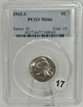 1942-S WAR 35% SILVER Jefferson Nickel in PCGS MS66 Holder