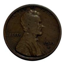 1913-S Lincoln Wheat Cent Coin, U.S. Mint