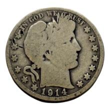 1914 Barber Half Dollar Coin, 90% Silver, US Mint