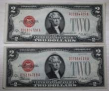 2- 1928E US Two Dollar Banknotes, Red Seal, w/ sequential serial numbers, sells times the money