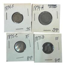German 5 Pfennig Coins, 1874-1875, Mint Marks F, H, C, D