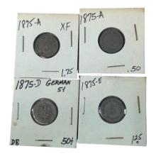 1875 German 5 Pfennig Coins with Mint Marks A, D, E